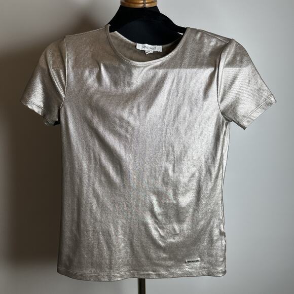 Nine West Metallic Ribbed Stretch T-Shirt XS Silver Brown Cybercore Y2K Top - Picture 8 of 10